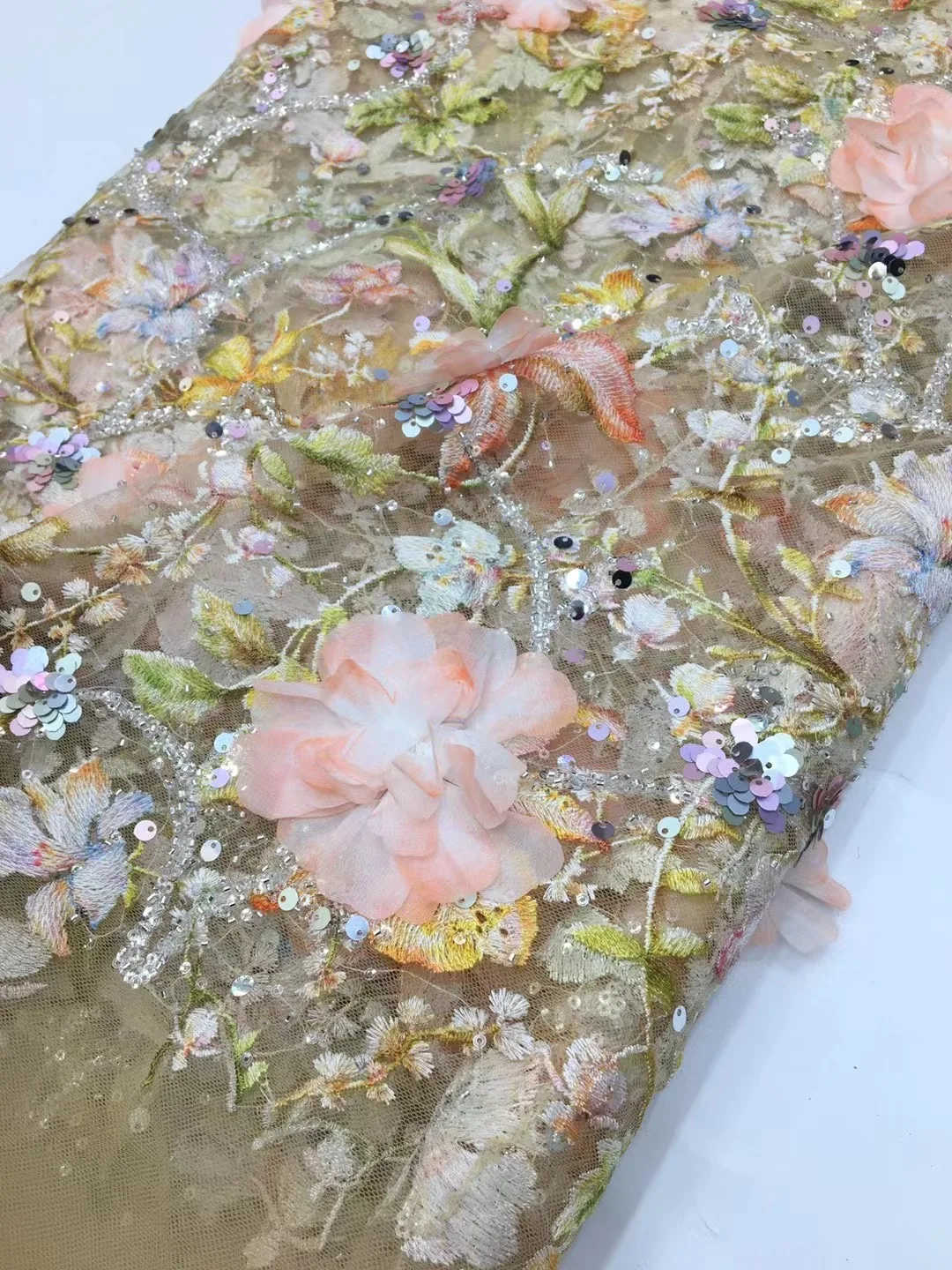 Description Picture 2 of item(5yards/pc) Gorgeous 3D flowers appliqued African wedding net lace high quality embroidered tulle lace with beads sequins FXZ309