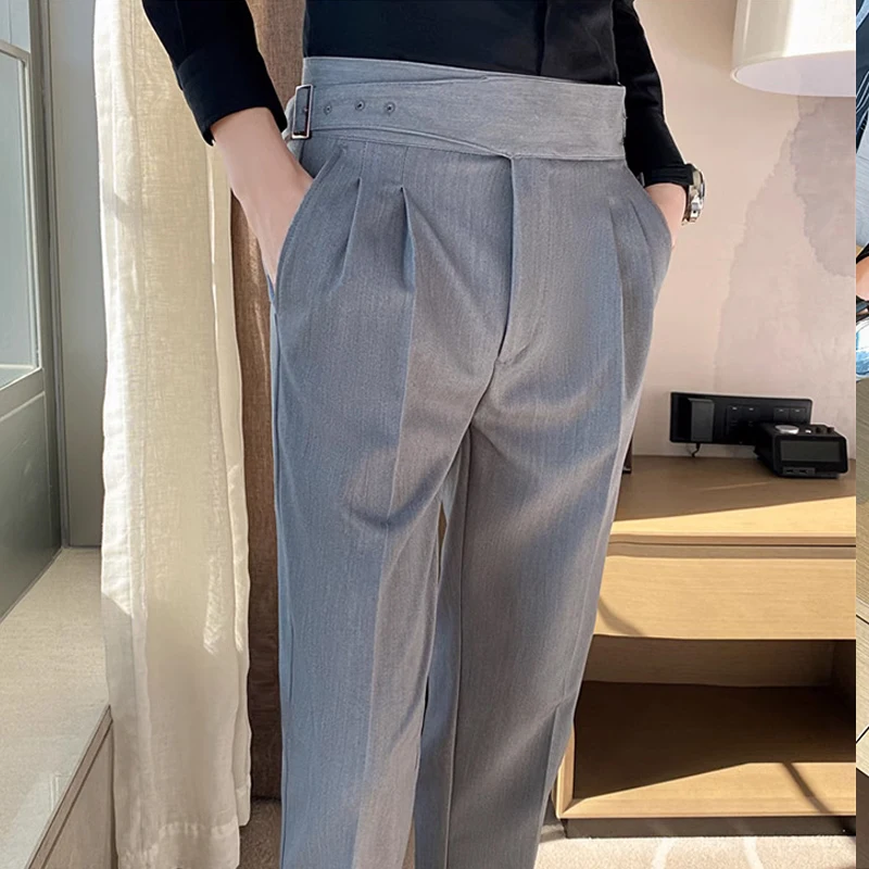 Mens Dress Suit Pants Striped Plaid British Style High Waist Casual Belt Design Slim Trousers Formal Office Social Wedding Party business pants,suit pants,men pants