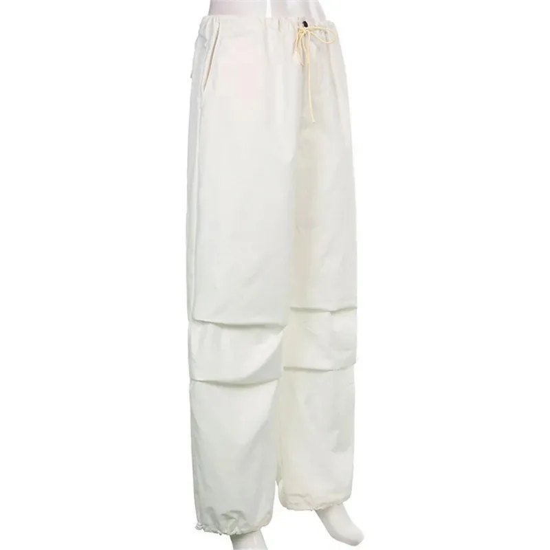 2024 Women Wide Leg Pants Cargo with Pocket Elastic Waist Knitting Casual Pants Y2K Fashion Style White Streetwear Women NWQ33