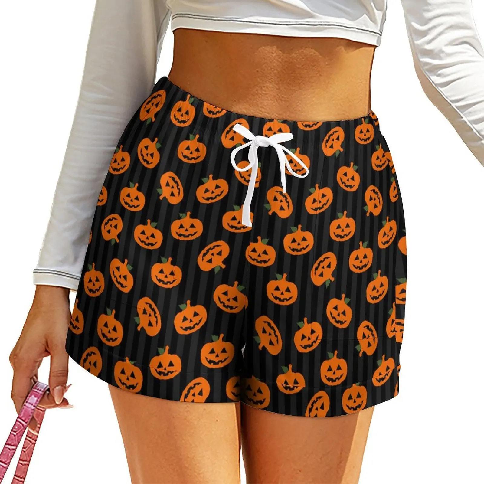 

Halloween Pumpkin Shorts Elastic Waist Stripes Print Custom Shorts With Pockets Summer Cute Oversized Short Pants Casual Bottoms