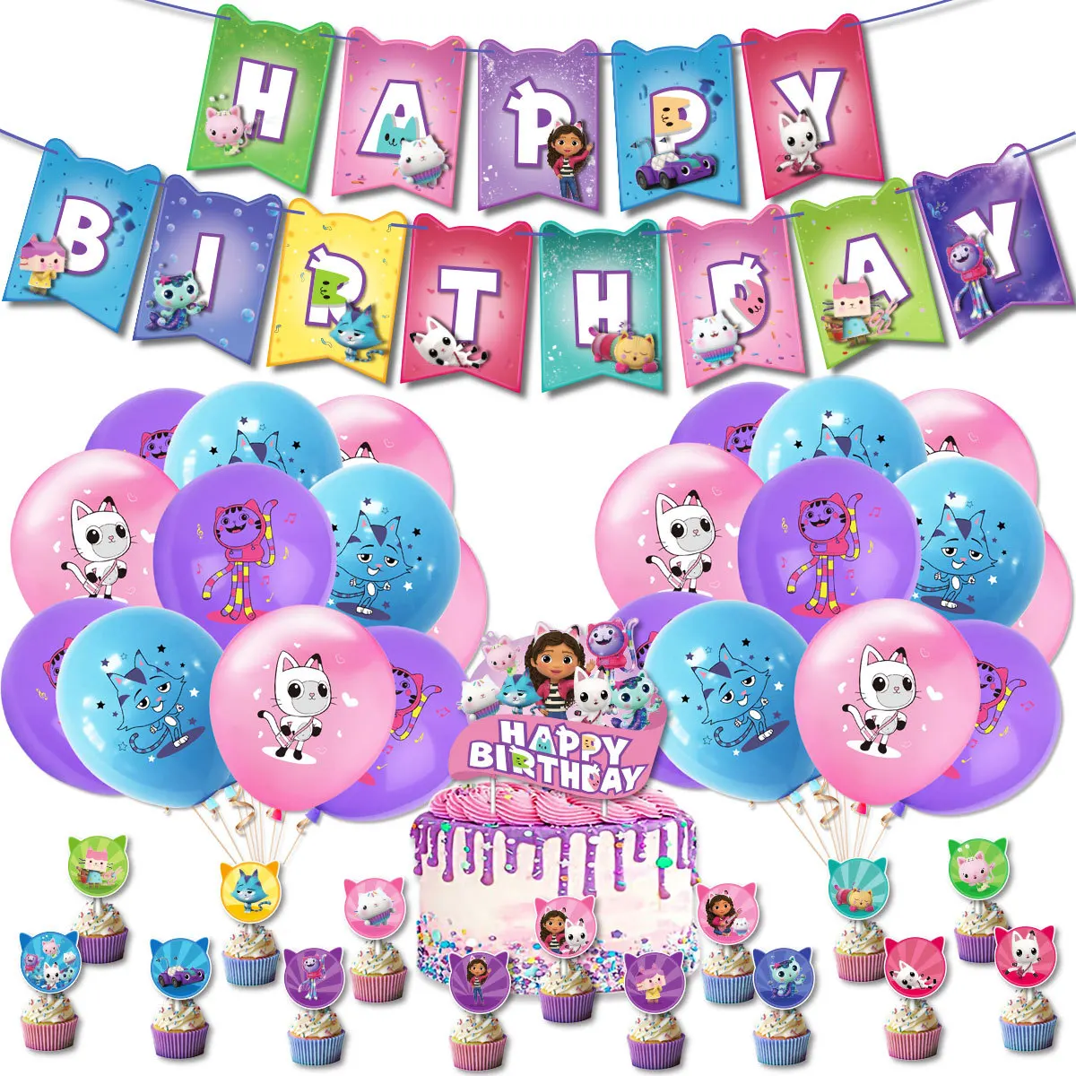 Décorations de fête sur le thème du dessin animé Gabby Race House Chats,  ensemble de ballons britanniques, toile de fond, fête préChristophe,  fournitures de fête d'anniversaire pour enfants et filles