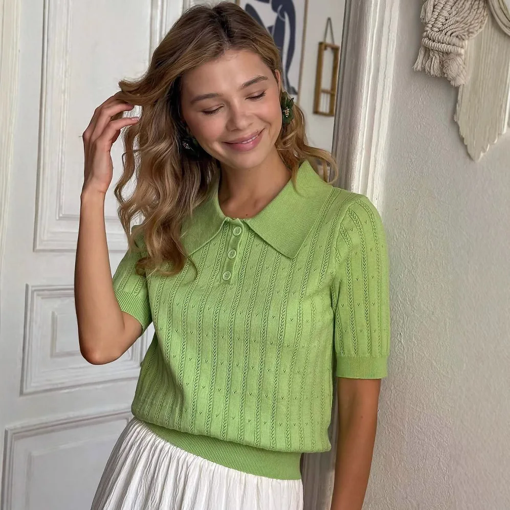 Tornova Hollow Short Sleeve Knitted T Shirt For Women Lapel Casual Solid Top Pullover 2025 New Summer Fashion Female T shirt 8 Sc2b5091bce9f4141ade73f395dbddc33o