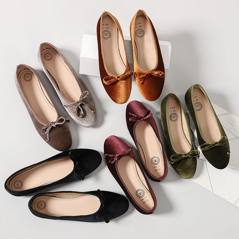 

Velvet Black Ballerina-Flat Shoe Quality Shoes For Girls Female With Bow Winter Fall New Hot