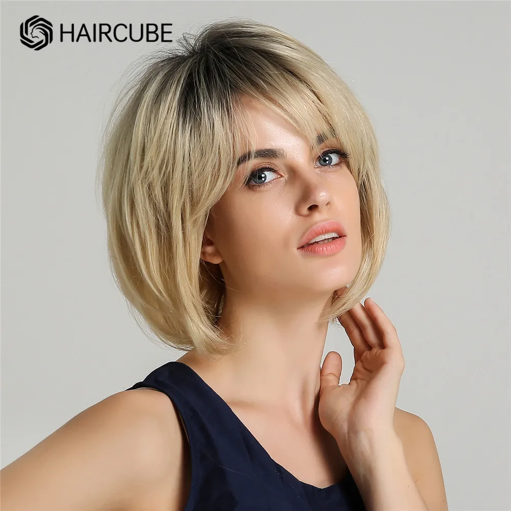 HAIRCUBE Short Bob Blend Human Hair Wigs Brown Ombre Blonde Golde Layered Straight Blend Human Hair Wig with Bang Heat Resistant