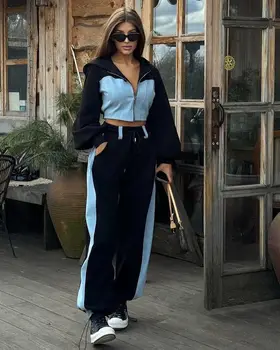 Autumn Spring Summer Hoodies 2 Piece Sets Long Sleeve Zipper Women's Tracksuit New Crop Tops Wide Leg Sport Pants Set