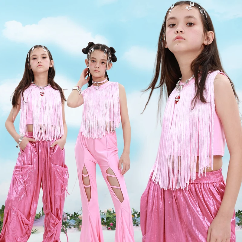 

New Ballroom Dance Clothes Kids Hiphop Street Wear Girls Jazz Dance Costume Pink Fringed Top Laser Pants Kpop Outfits XS7875