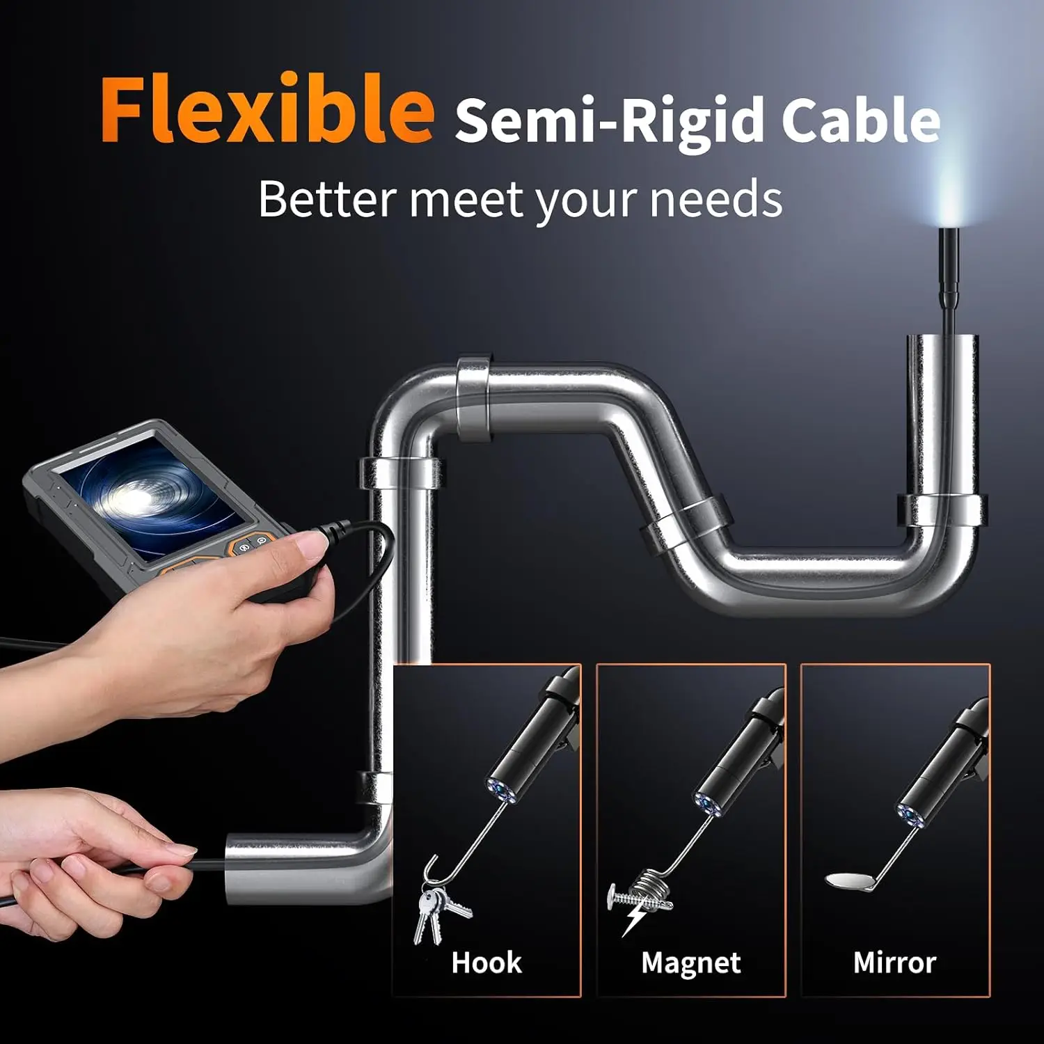 Endoscope Camera with Light, 4.3" Inspection Camera, 1920P HD Borescope with 8 LED Lights, IP67 Waterproof Snake Sewer Tools