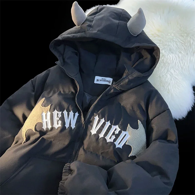 

American 2023 winter new style high street little devil bread padded jacket Y2K tops couples hoodies cotton jackets men clothing