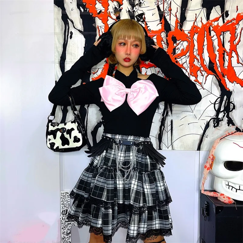 

High Waist Personality Plaid Lace Design Vintage Folds A-Line Mini Skirt Streetwear Harajuku Diablo Style Hot Girl Cupcake Skirt
