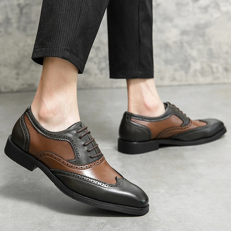 European Station Fashion Block Shoes Men Pointed Lace up Business Office Dress Shoes Banquet Wedding Size 38-48 Men