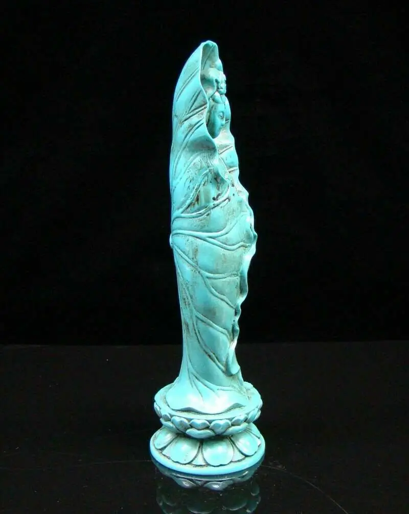 Chinese Turquoise Handmade Carved Statue Kwan-Yin Lotus Exquisite 4