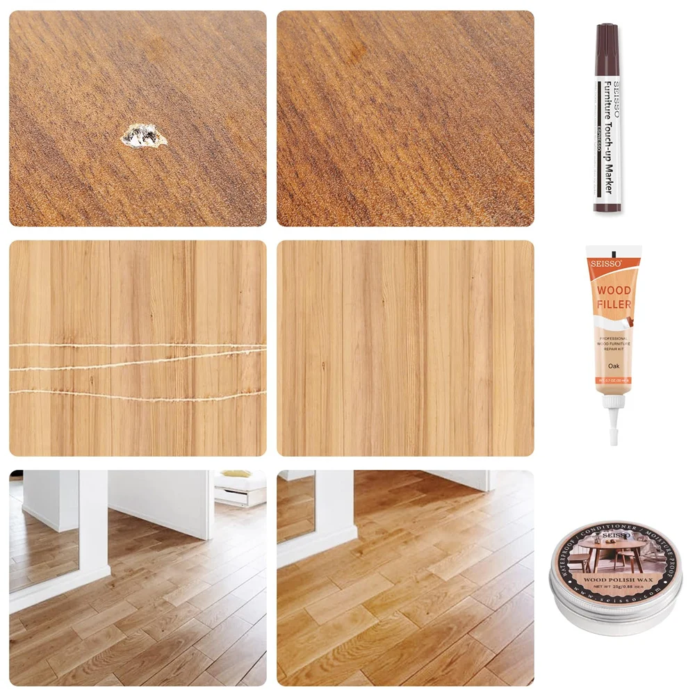 SEISSO 6 Colors Natural Wood Furniture Repair Kit Touch Up Markers Filler Polish Wax for Scratches Cracks Tables Doors Floors