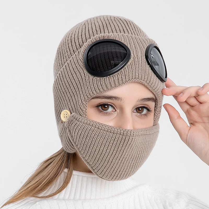 

Fashion New Men Women Aviator Earplug Knitted Wool Glasses Hat Thickened Warm Solid Colour Wool Hat With Mask Knit Brimless Hat