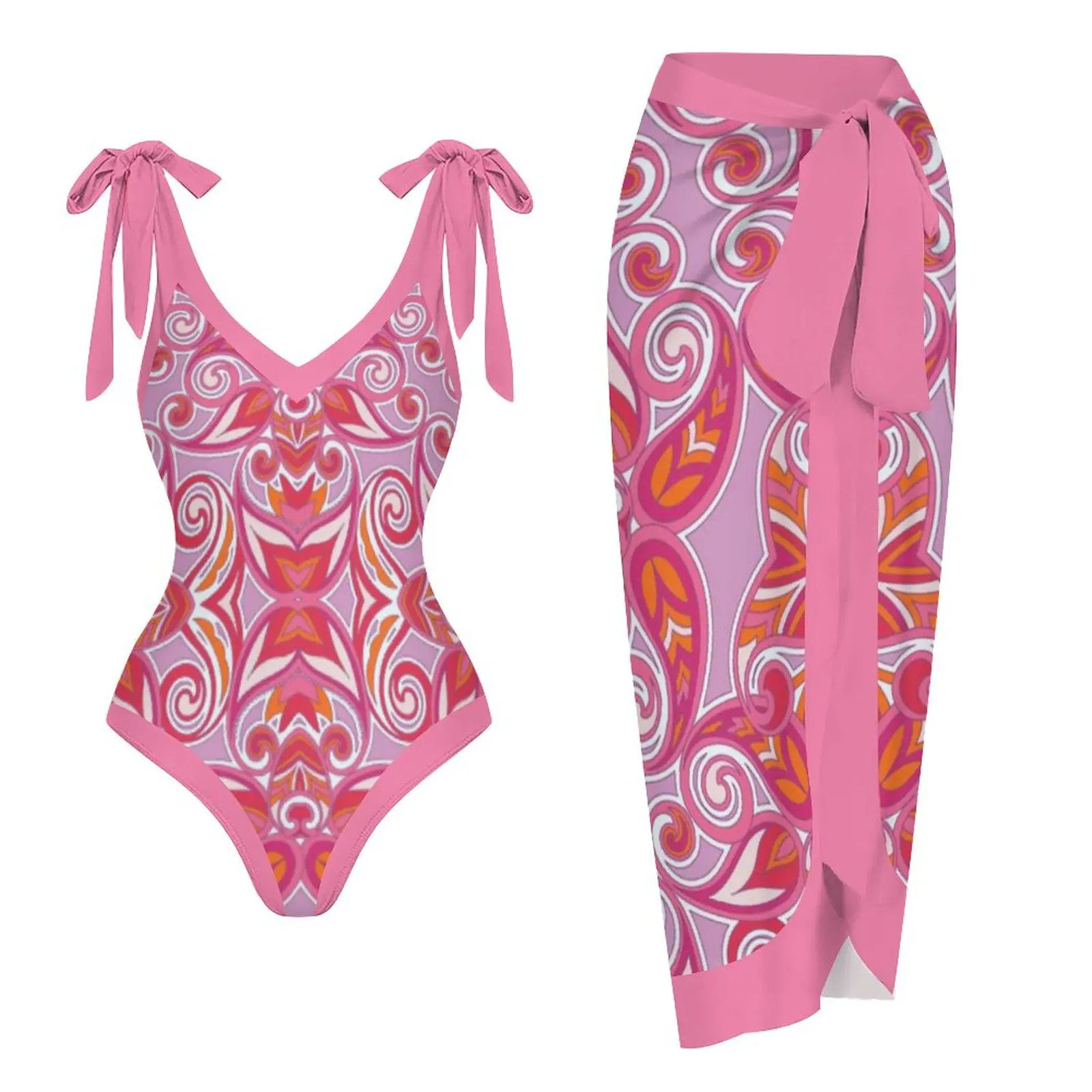 Pink Plant Pattern Print Lace Up Fashion 2 Piece Swimsuit Summer Swiming Suit 2023 Luxury