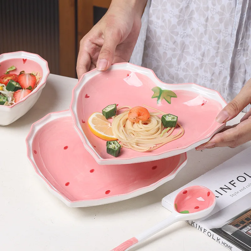 Strawberry Bowl Spoon Plate Set Decorated with High Beauty for Girl's Favorite Bowl Salad Dessert Household Tableware