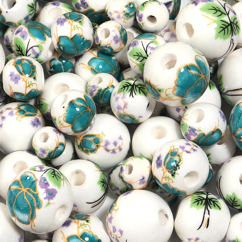 10-30pcs 블루 그린 중국 꽃 패턴 라운드 세라믹 도자기 느슨한 스페이서 비즈 DIY 공예품 만들기 의류 장식