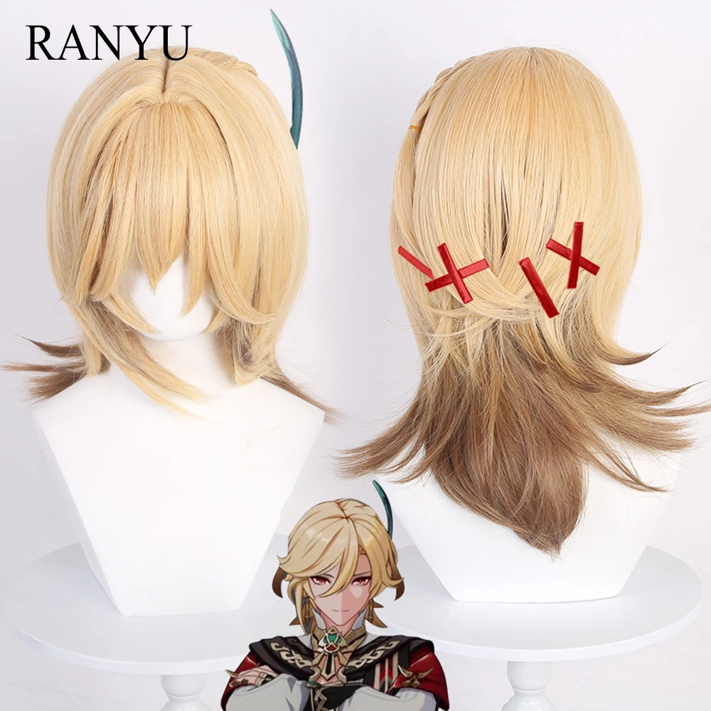 RANYU Genshin Impact Kaveh Wigs Synthetic Long Straight Linen Gold with Braid Game Cosplay Hair Wig for Party bubuwig synthetic hair genshin impact sucrose cosplay wigs women 85cm long straight mixed green ponytail wigs heat resistant