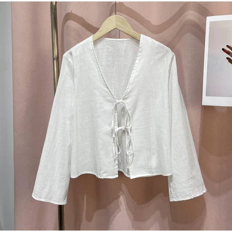 Fashion V-neck Lace Up Shirts Women Spring Summer New Casual Long Sleeve Blouse For Female Solid Elegant Street Lady Tops