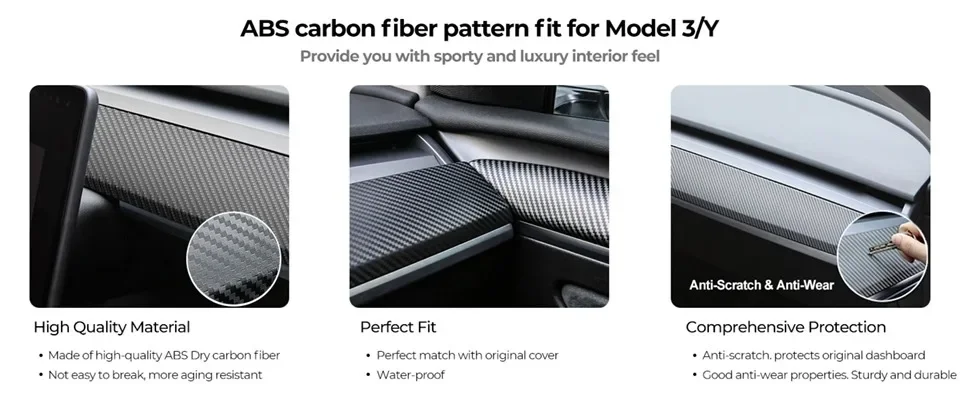 XVIP Tür-Seitenverkleidungsstreifen, Armaturenbrett-Abdeckung für Tesla Model 3Y 2021–2023, Auto-Front-Innenraum-Armaturenbrett, zentrale Steuerung, Zierleiste – Detail 4