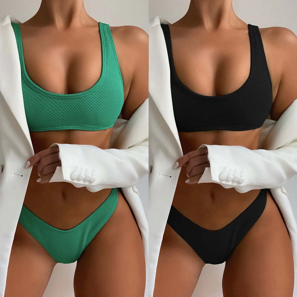 

Bikini 2023 Sexy Solid Sport Swimwear Swimsuit Women Bikinis Set Bathing Suit Beach Bikini Female Push Up Green/Black Banadores