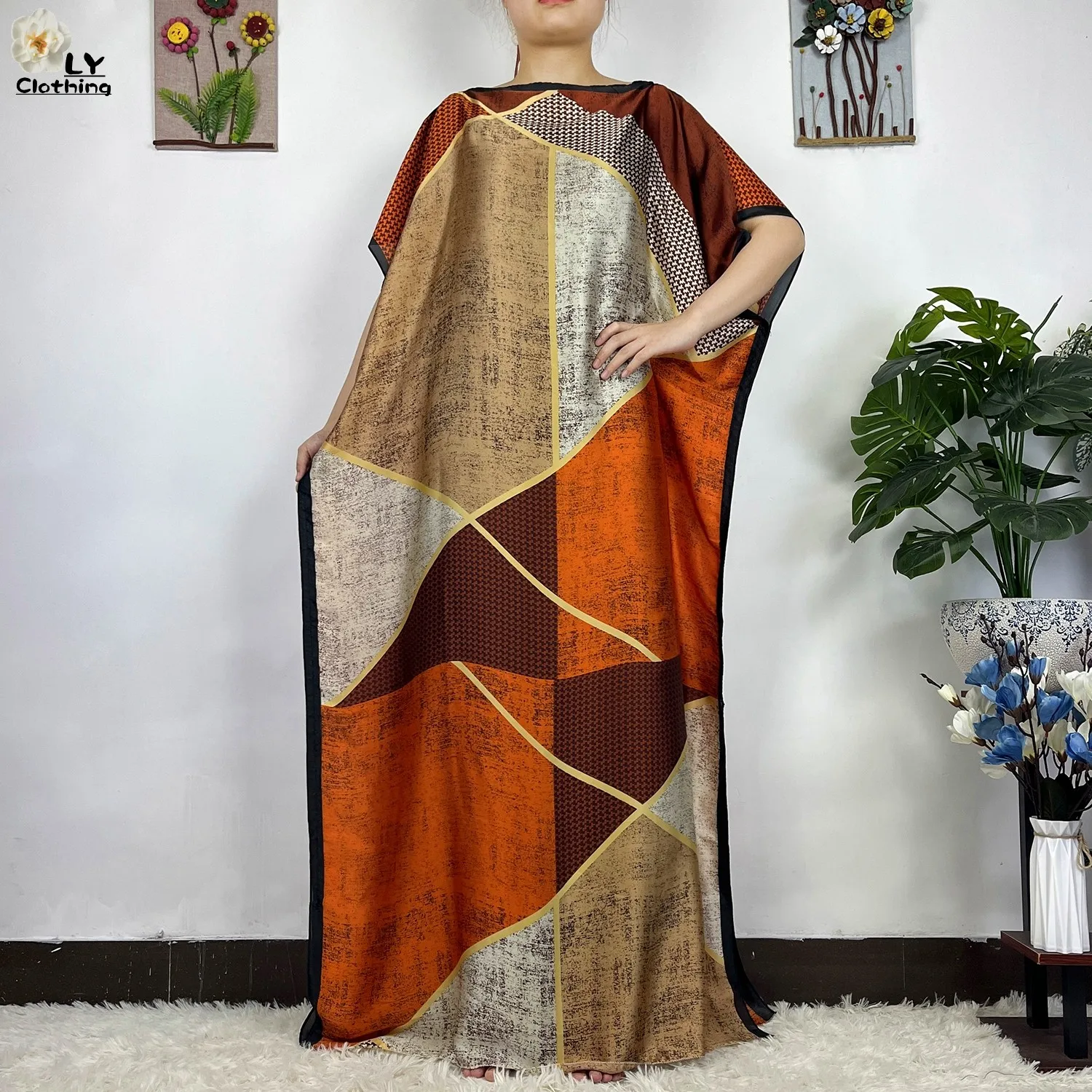 2023 New African Fashion Short Sleeve Colored Pattern Dubai Women Summer Real Silk Soft Printing Loose Tradition Muslim Dress 5