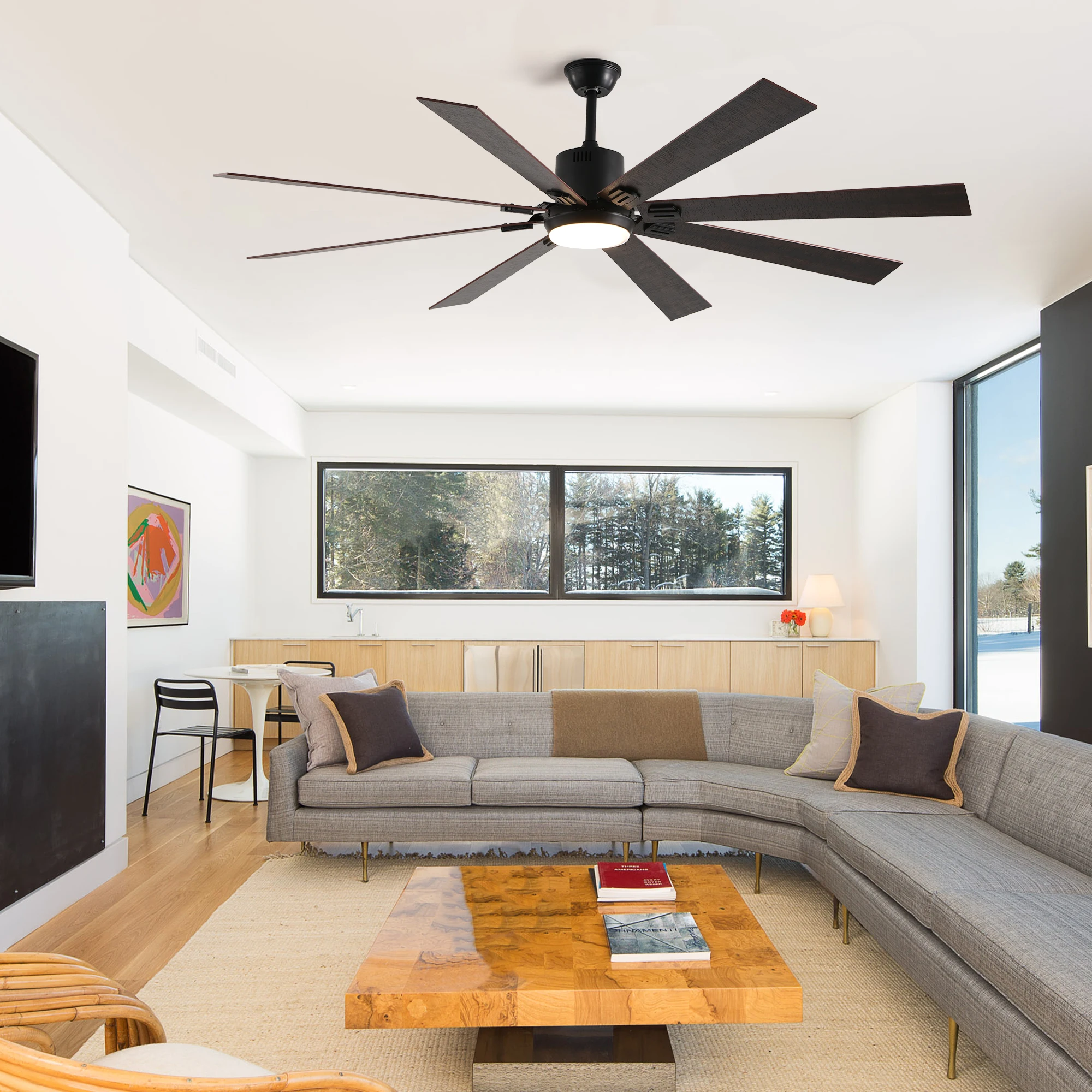 ARLGSITE 72 Inch Walnut LED Ceiling Fan Light with 8 Wooden Blades Remote Control Adjustable Color Temperature for Living Room