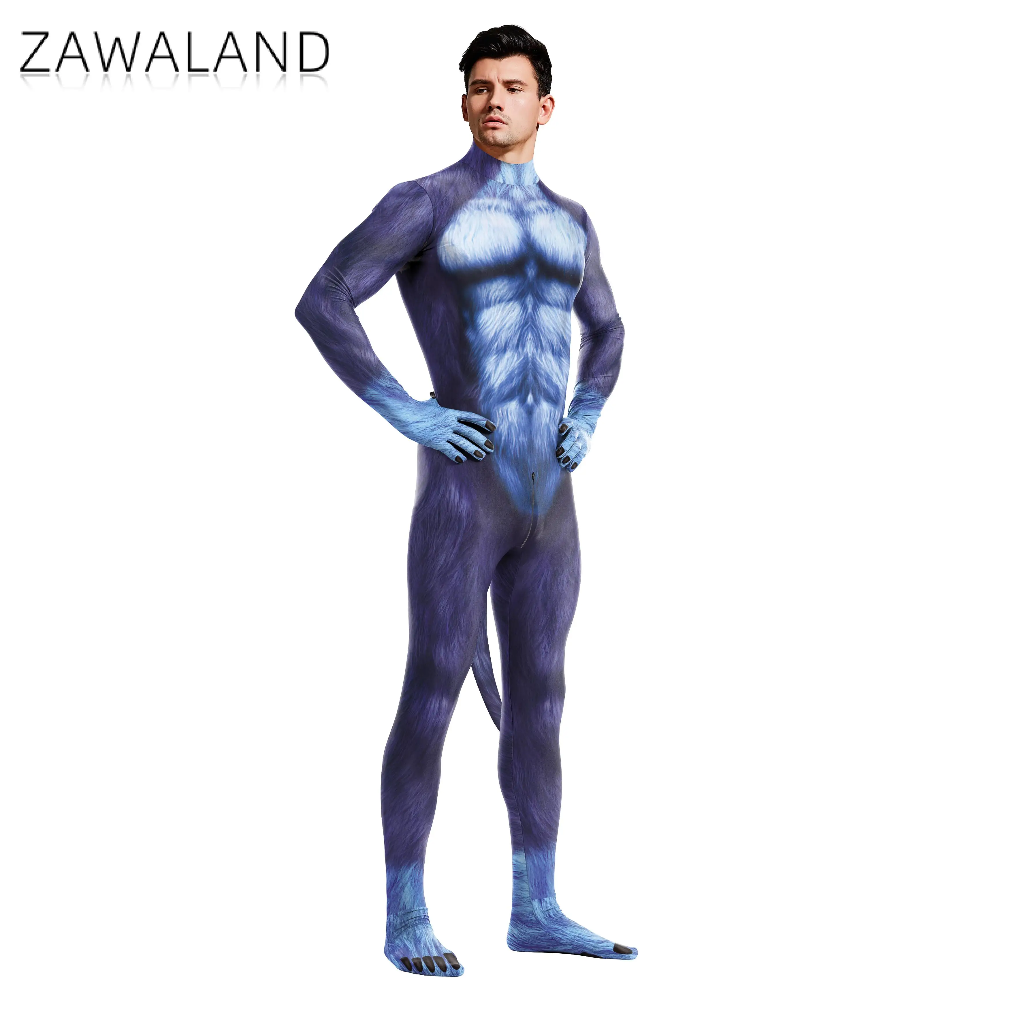Zawaland Dog Blue Petsuit Puppy Cosplay Costume Men Holiday Party Clothes Full Cover Crotch Zipper Jumpsuit Carnival Zentai Suit