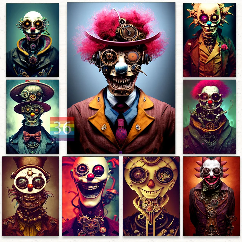 Steampunk Evil Clown Poster Canvas Printing Steampunk Wall Art Picture Mechanical Joker Wall Decoration For Home Bar Decor Gift