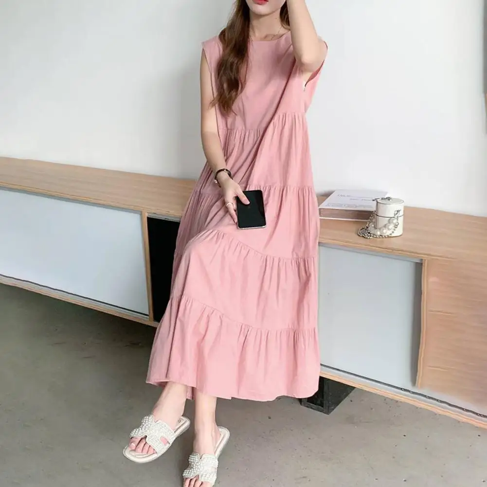

Lady A-line Dress Elegant Pleated Patchwork Chiffon Midi Dress for Wear Dating O Neck A-line Summer Dress with Big Hem Design