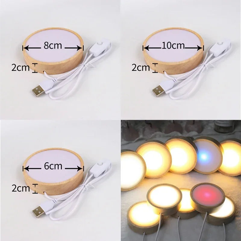 나무 원형 USB LED 무드등 받침대, 크리스탈 유리볼 레진 아트 장식 디스플레이 홀더, 침실용 램프
