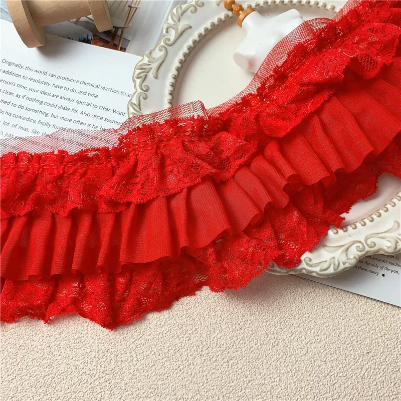 Description Picture 5 of item10CM Wide Three Layers Red Pleated Chiffon Lace Fabric Embroidery Fringed Ribbon Ruffle Trim Dress Clothing DIY Sewing Decor