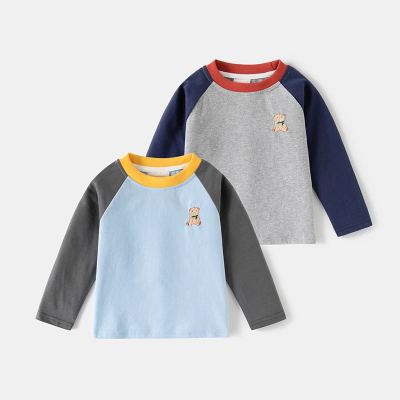 2026 frühling Kinder Langarm T-Shirt Cartoon Bär Stickerei Baby Junge Mädchen Raglan Top Weiche Baumwolle Kleinkind Kleidung Unterhemd