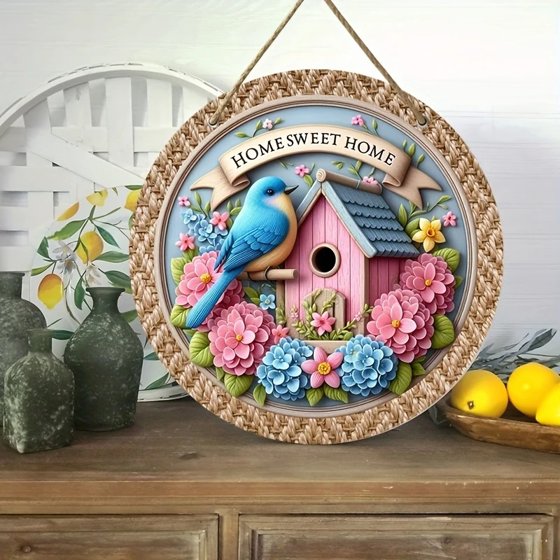 20,3 cm runder Vintage-Vogel-Holzanhänger, flacher Farbdruck, 2D-Wanddekoration für Zuhause, Bauernhof, Garten, verheißungsvoller Vogel, Foto-Requisiten, Geschenke – Detail 6