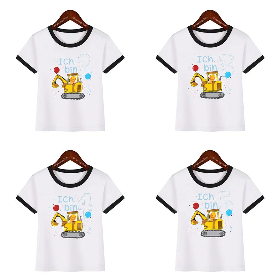 

New Funny Bear Excavator T-Shirt Balloon Number 2 3 4 5 Birthday Gift Shirt Boys Girls Clothes Short Sleeve Tees Black Side Top