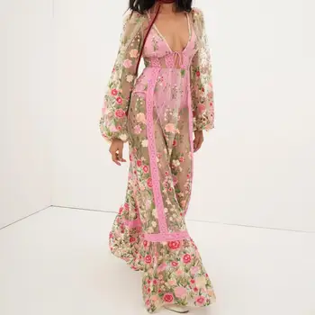 Yiiciovy Women's Sexy Holiday Bikini Cover-Ups Beach Flower Embroidery Dress Long Sleeve Dress See Through Mesh Sheer Dresses 1