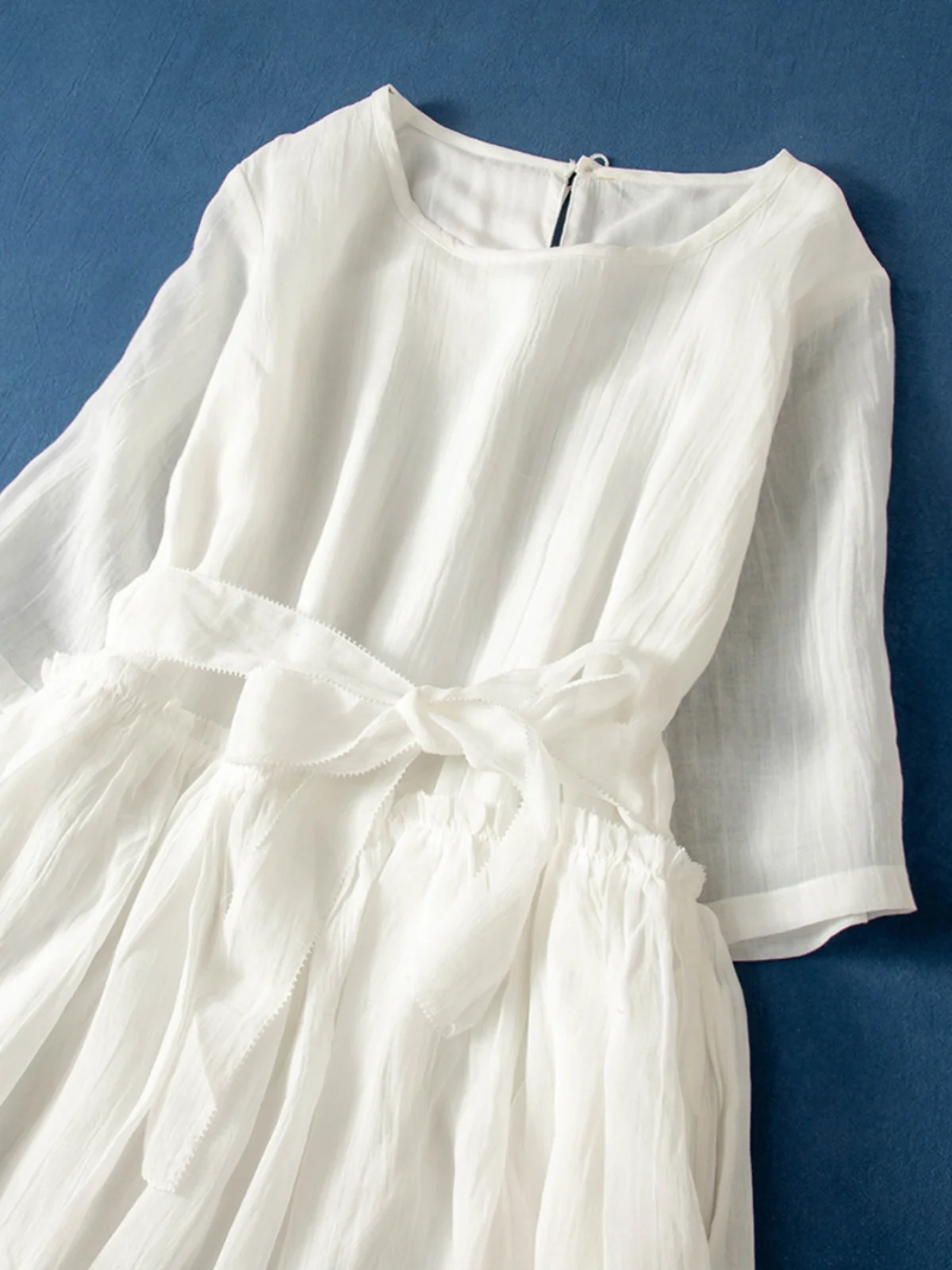 Summer Lightweight Cotton Lin ort Sve Dr Women Loose Waist A-Line Long Dr Retro Sle Belted Splice Loose Waist - Image 2