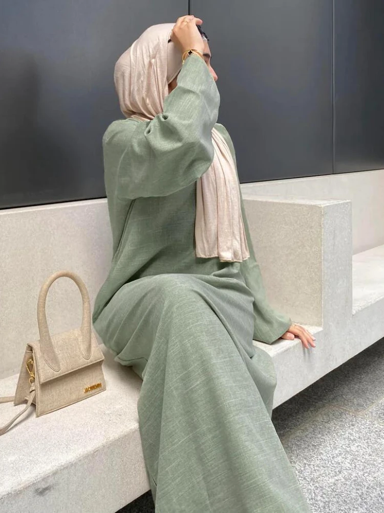 

2024 New Closed Linen Abaya Dubai Muslim Dress Turkish Casual Abayas for Women African Islamic Prayer Modest Clothes Kaftan Robe