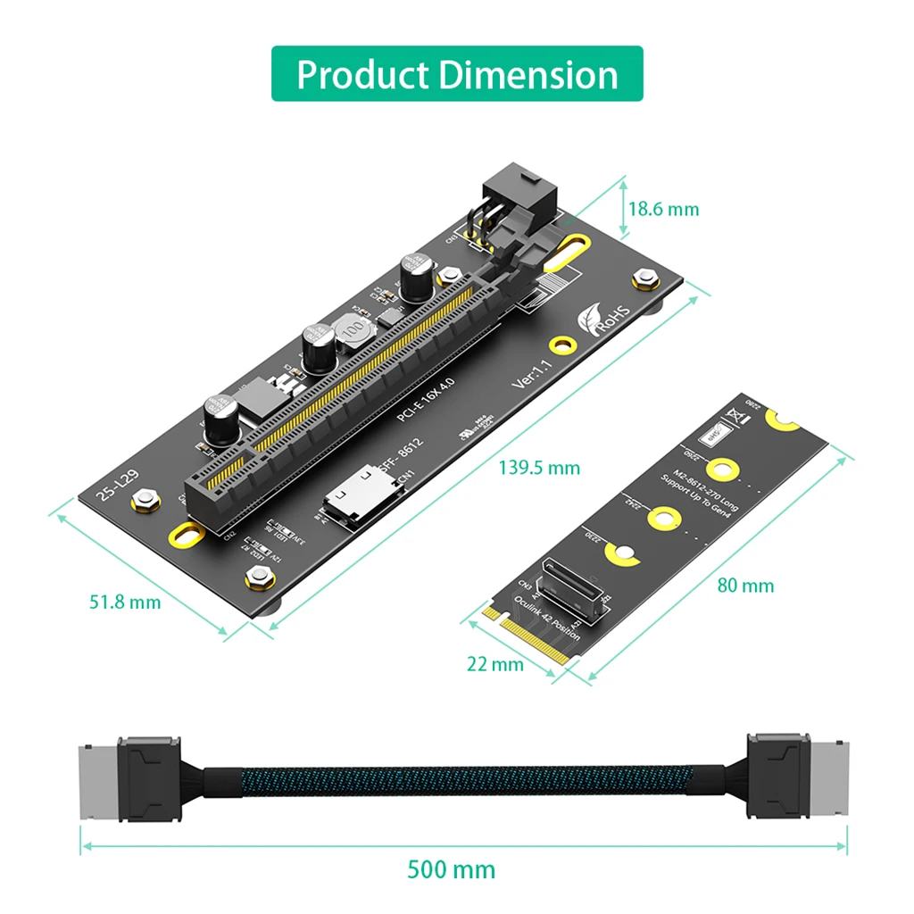 M.2 M-Key 2230/2280 zu PCIe 4.0 X16 mit Oculink SFF-8612/8611 Verlängerungskabel als externe Grafikkarte PWR ATX 6PIN/ATX 24PIN – Detail 12