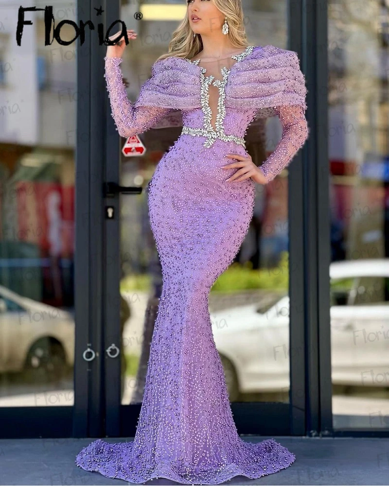 

Luxury Purple Full Pearls Long Mermaid Evening Dress Sweep Train Cape Design Women Robes Haute Couture Wedding Party Gowns Prom