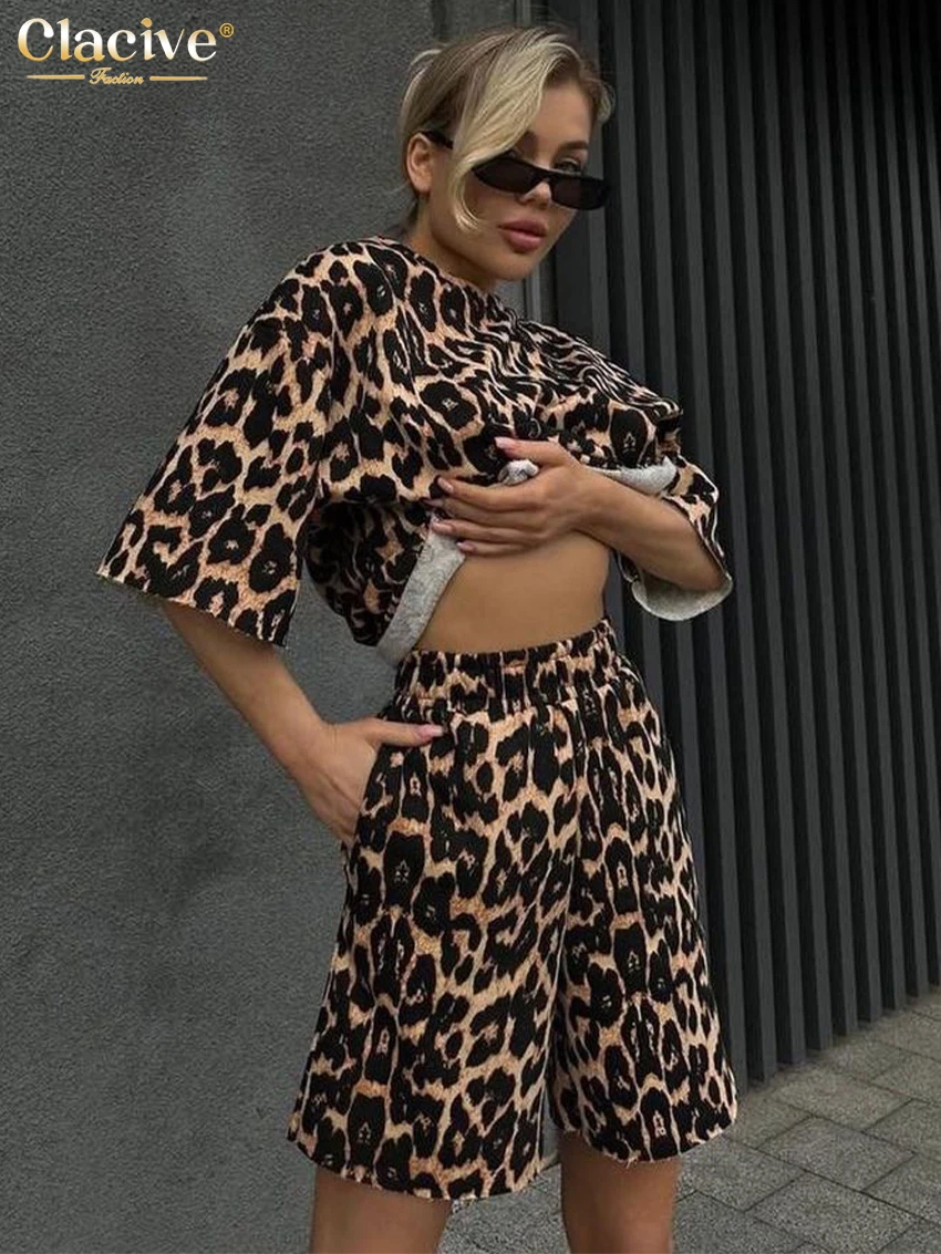 Clacive Fashion Loose Leopard Print 2 Piece Sets Women Outfit Summer Short Sleeve Shirt With High Waist Shorts Set Streetwear