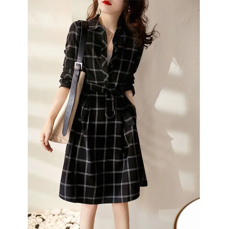 

Elegant Lapel Button Pockets Bandage Plaid Midi Dress Women's Clothing 2023 Autumn Winter Loose Office Lady Ladies Dresses