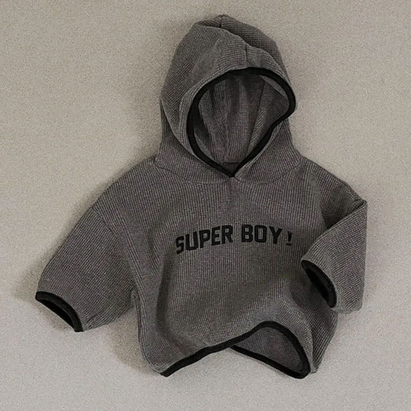 

5162C Korean Baby Sweater Hooded Tops 2023 Spring and Autumn New Letter Cotton Comfortable Boy's Pullover Sweater Tops