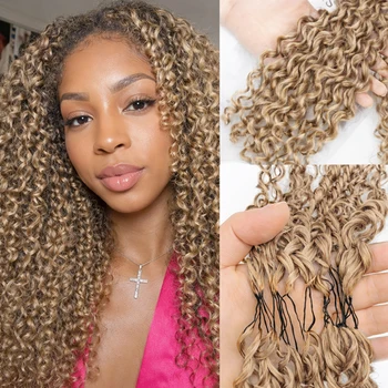 Honey Blonde Color Kinky Curly Crochet Hair Extensions Knotless Pre-Separated Burmese Curly Feather Crochet Human Hair For Women 1