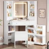 Corner Dressing Table with Light and Charging Station, Dressing Table Set with Mirror and Storage Bench 1