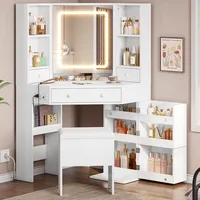 Corner Dressing Table with Light and Charging Station, Dressing Table Set with Mirror and Storage Bench 1