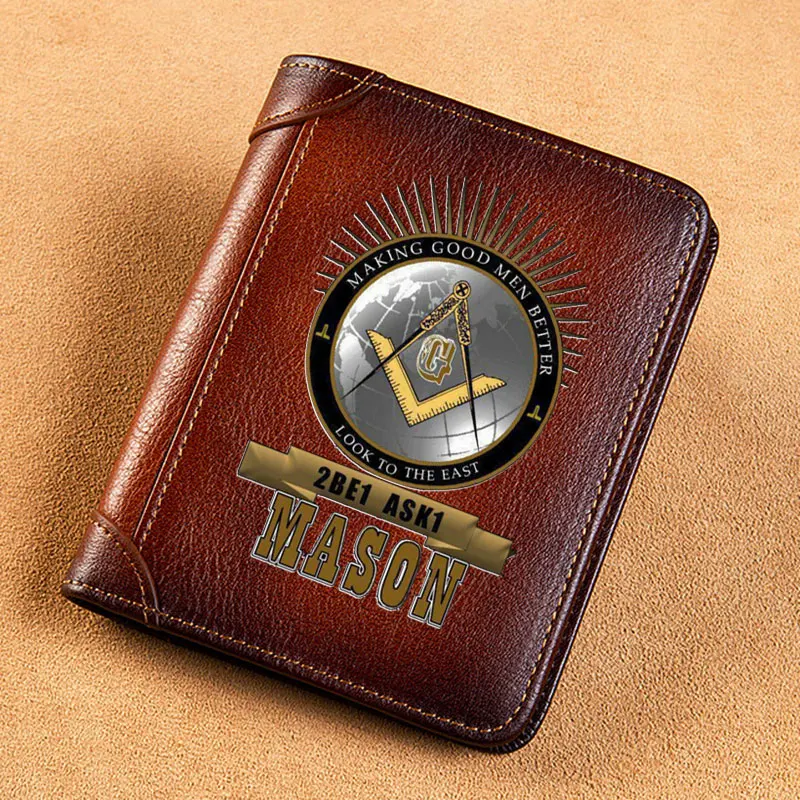 

High Quality Genuine Leather Wallet Freemason 2Be1 Ask1 Mason Look To The East Printing Standard Short Purse BK1291