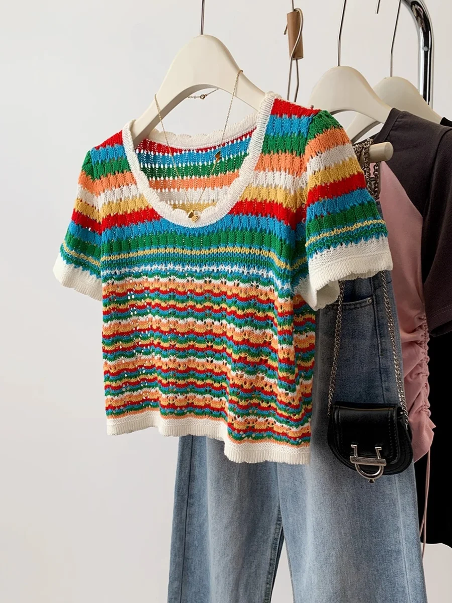 

Rainbow Striped Ice Silk Short Sleeve Knit T-shirt 2024 New Summer Women's Round Neck Slim Fit Hollow Out Beach Vacation Top