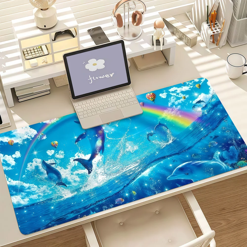 Blue Sea Dolphin Rainbow Print Gaming Mouse Pad - Large, Anti-Slip with Stitched Edges