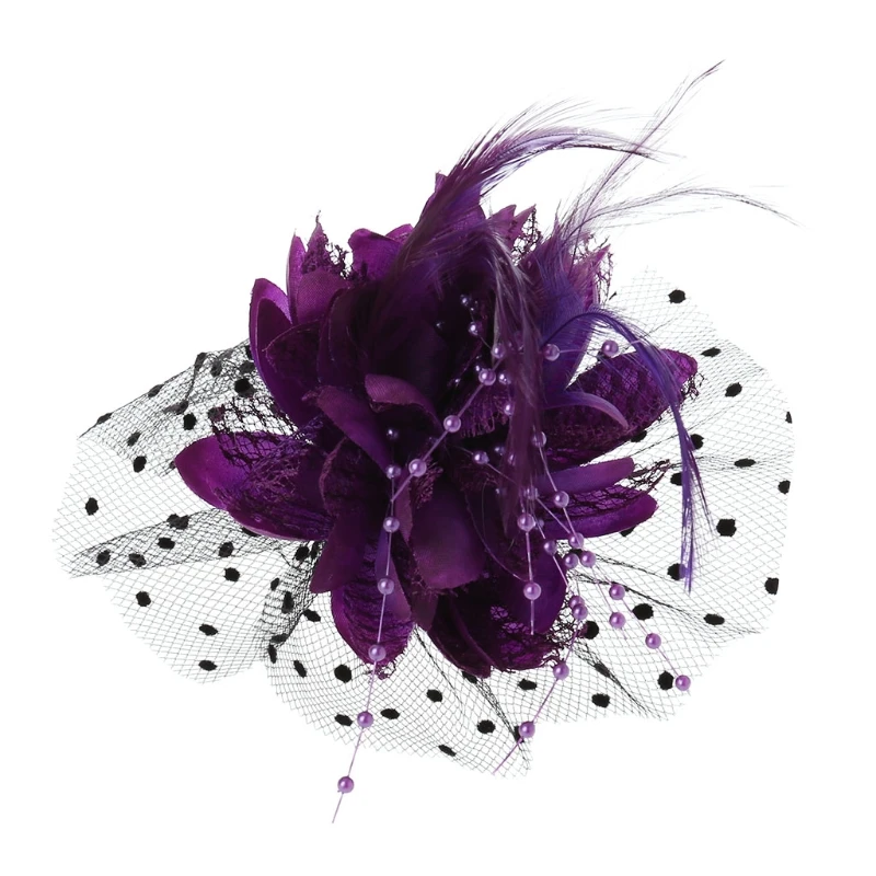 4XBF Fascinators Hats Solid Color Flower Mesh Hat Cocktail Tea Party Headwear with Feather Faux Pearl for Girls and Women