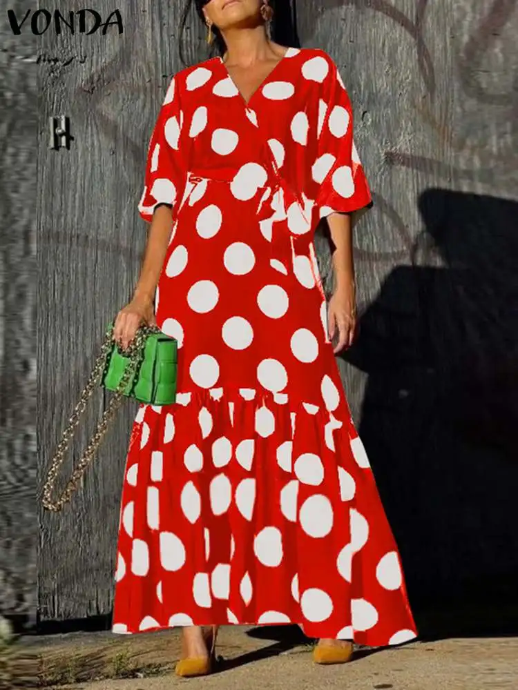 

Women Elegant Maxi Dress 2024 Sexy V-neck Short Sleeve Polka Dot Party Long Dress Summer Bohemian Printed Sundress Casual Robe